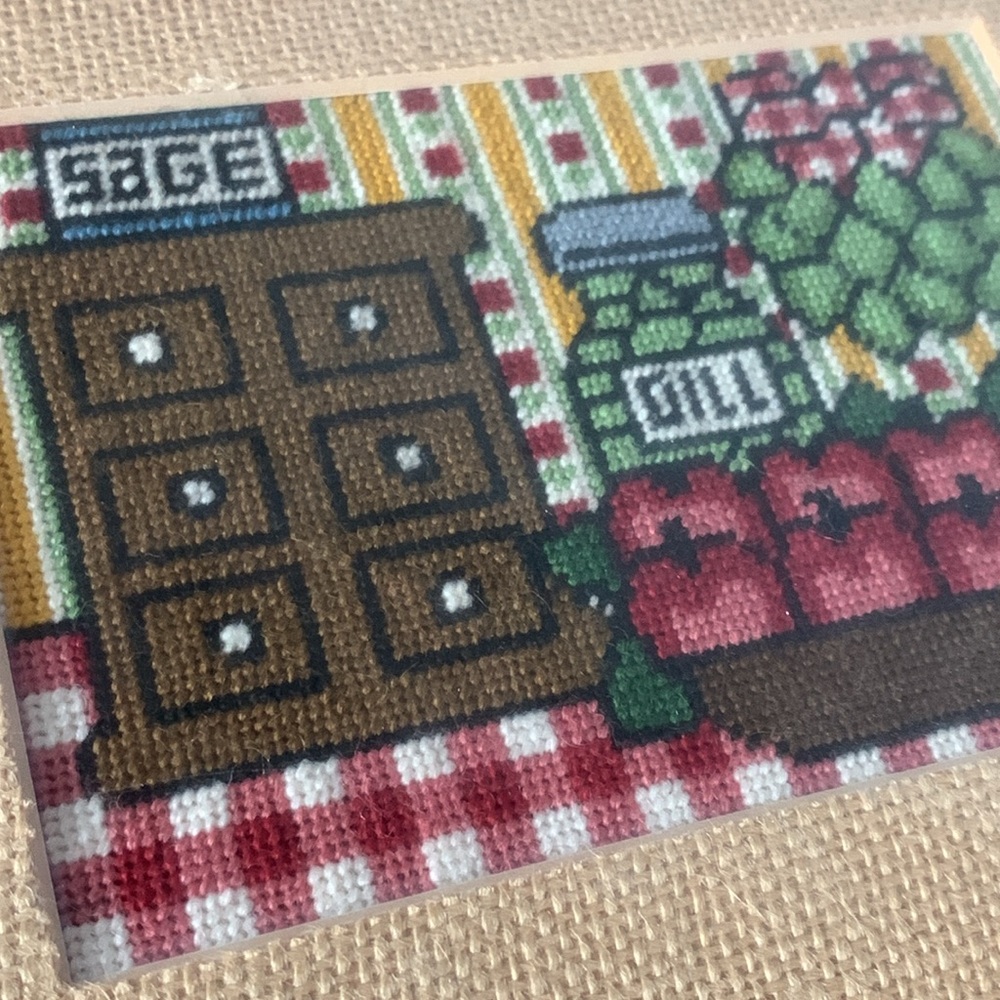 Handmade from 1981 needlepoint cross-stitch framed kitchen decor sage basil 9x11 - Picture 3 of 6